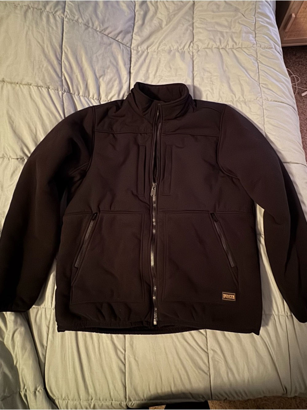 Duluth Trading Co Black Softshell Jacket with Zipper Pockets, Fleece lined